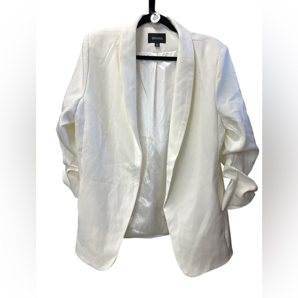 Zenana Boutique Cream Open Front Blazer Ruched 3/4 Sleeve Lined Large - Picture 2 of 5